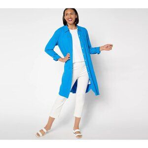 Susan Graver PURE Regular Linen Blend Button Front Duster Size 1X Moto Blue